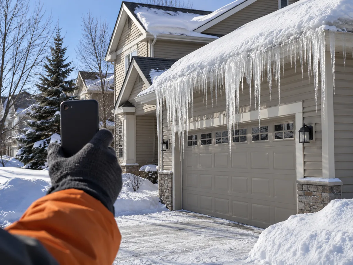 Homeowner photographing an ice dam on a Shakopee home for an insurance claim