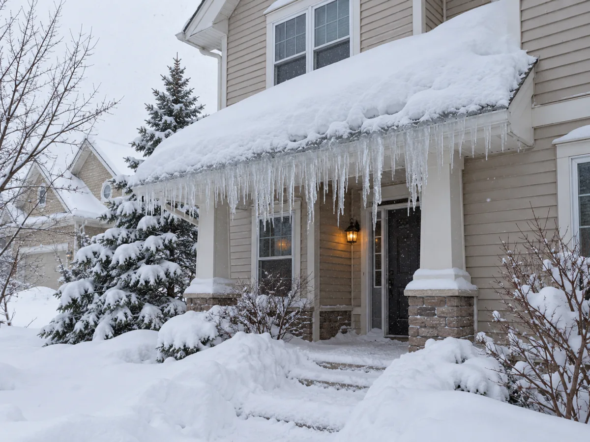 Snow drifted onto a porch roof under a taller wall on a Shakopee home, its short eave iced over