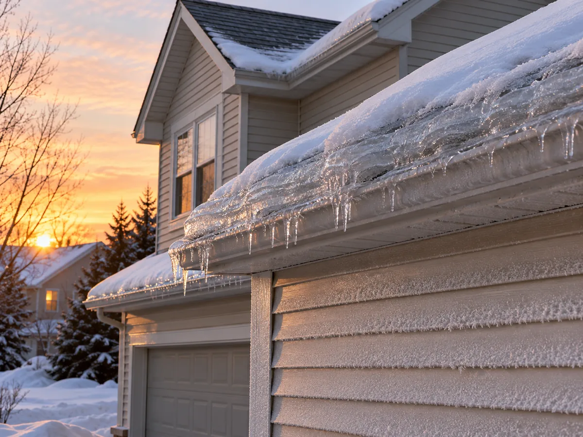 Rippled layers of refrozen meltwater on an ice dam at a Shakopee eave at sunrise after a cold night