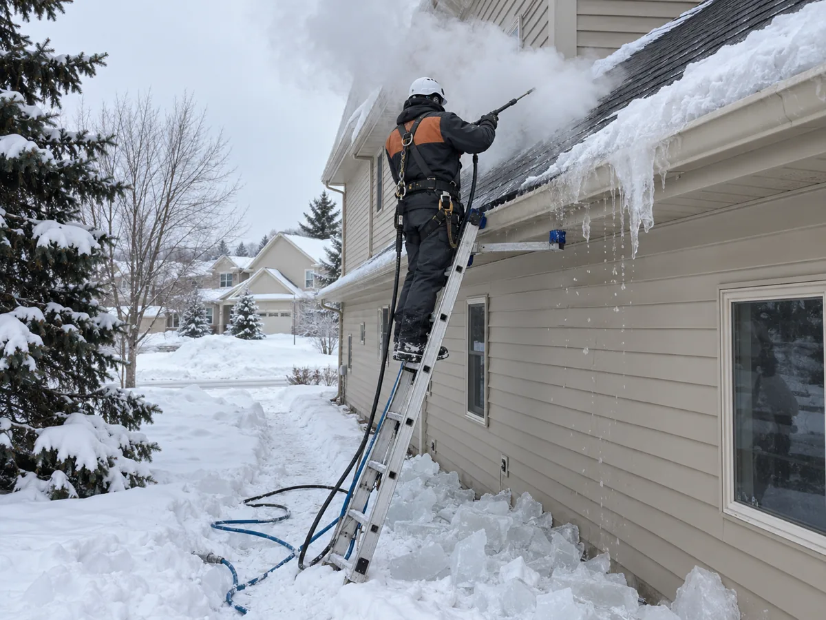 Technician steaming the long side eave of a Shakopee home back to the shingles and drip edge