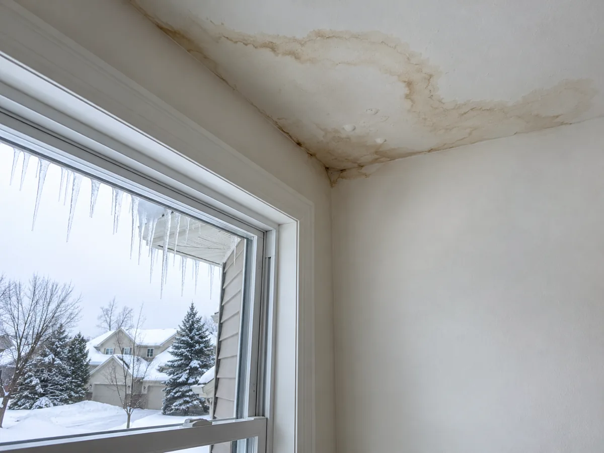 Ceiling stain well inside the outer wall of a Shakopee bedroom where ice dam water passed the ice barrier