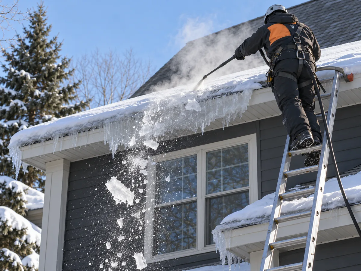 Steam rising as a technician on a ladder melts an ice dam on the eave of a Shakopee two-storey home