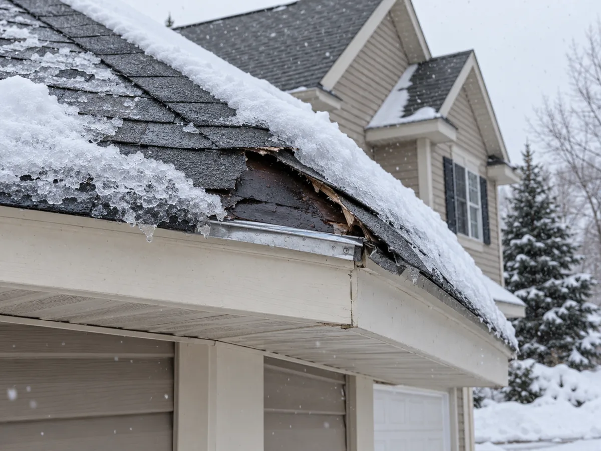 Ice dam damage at a Shakopee eave corner where torn shingles mean a permitted re-roof