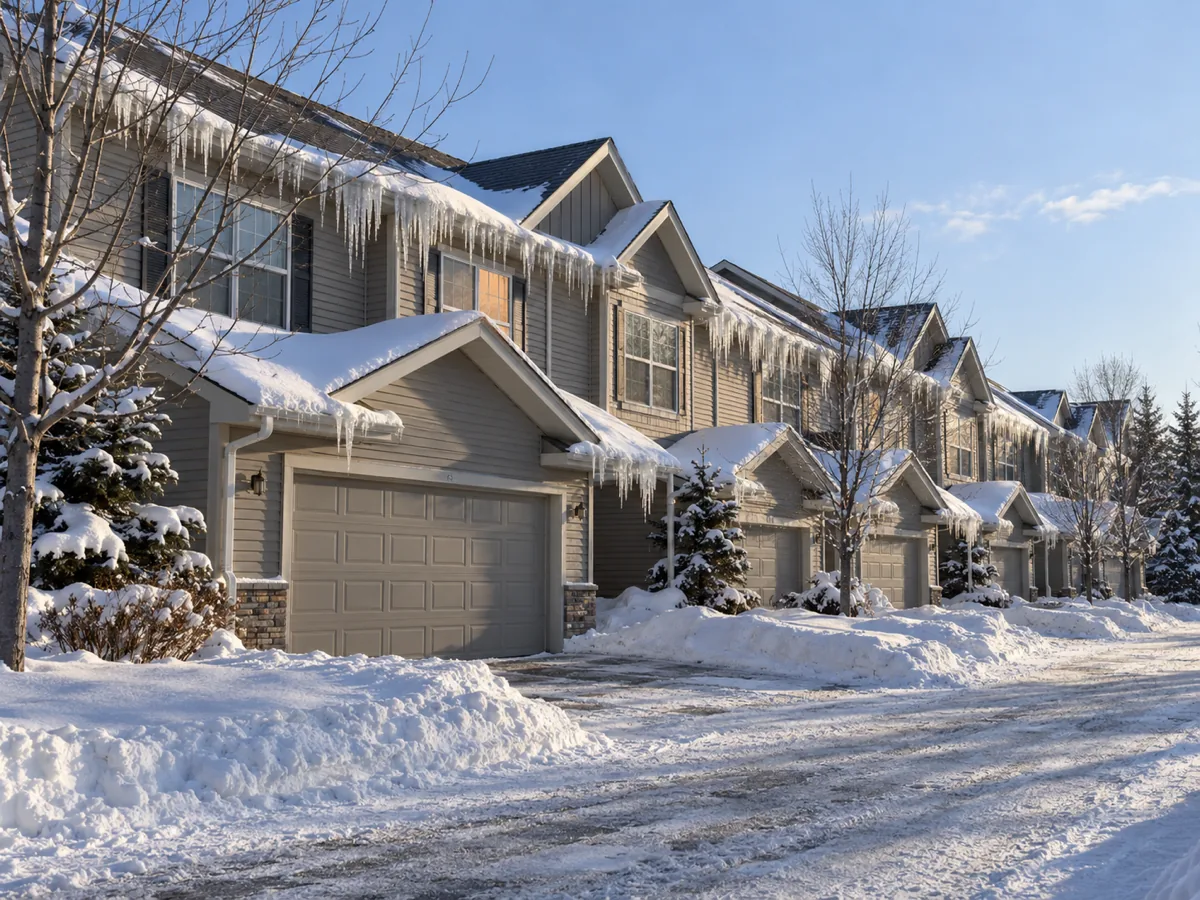 Row of Shakopee townhomes with ice dams along their shared roofline after heavy snow