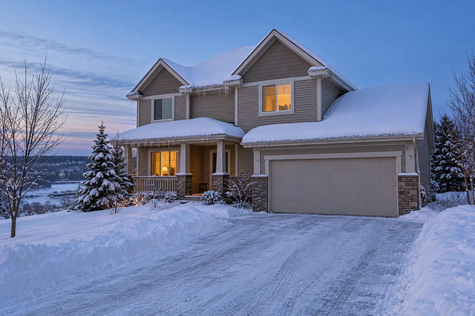 2000s two-storey Shakopee home with front gables and ice dams along the eaves after a Minnesota snowstorm