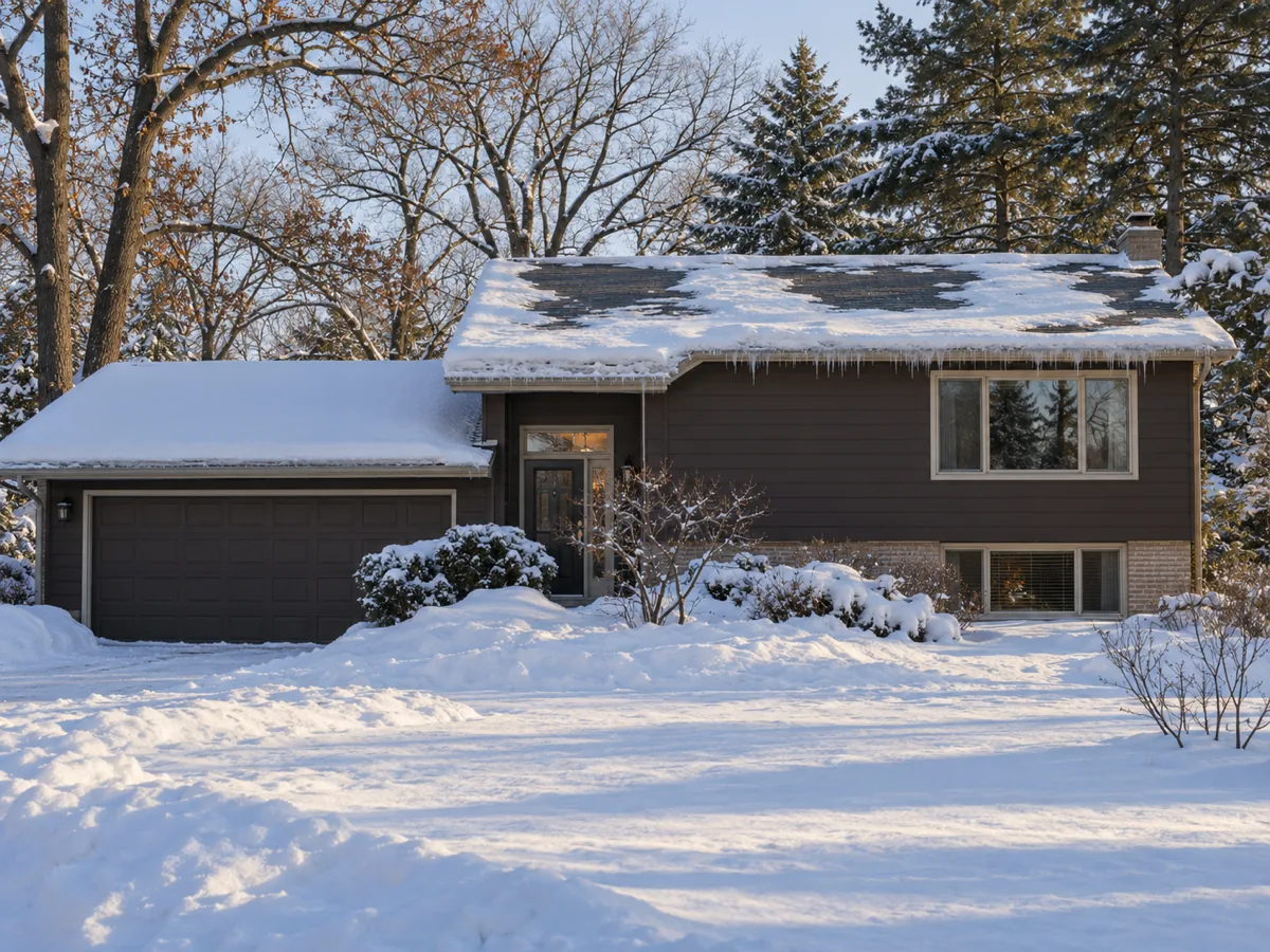 Early-1980s St. Cloud split-entry home with melted warm spots on the roof snow and ice at the eave