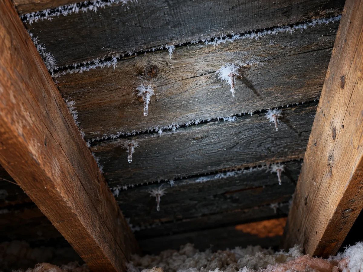 Frost on roofing nail tips and the underside of the roof deck in a St. Cloud attic, a sign of heat leaking into the attic