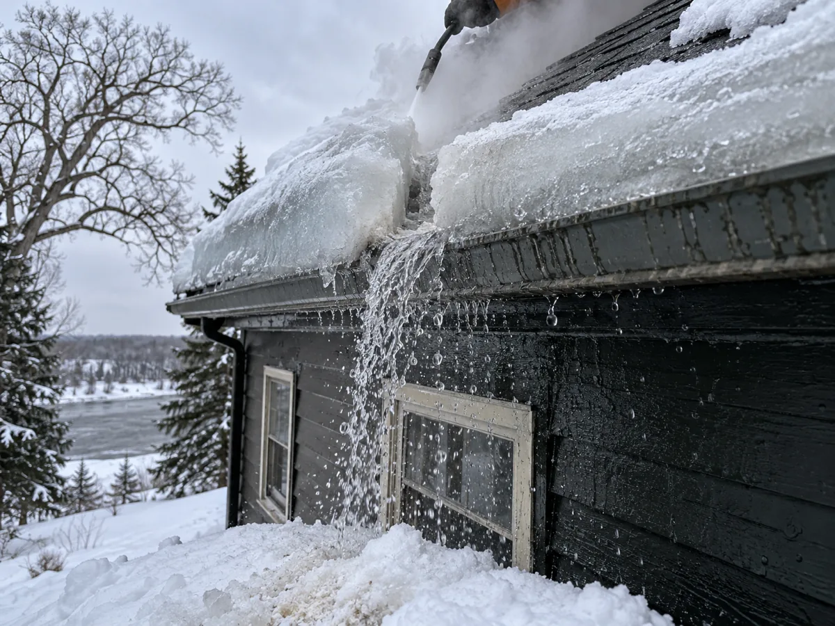 Trapped meltwater pouring through a gap steamed in an ice dam on an older St. Cloud house