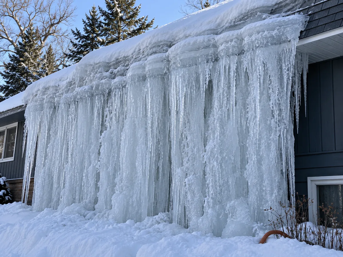 Thick layered ice dam built over weeks of hard freeze on the north eave of a St. Cloud home