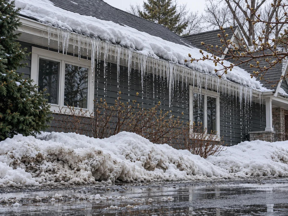 March thaw in St. Cloud with roof snow melting fast and water streaming from an iced eave
