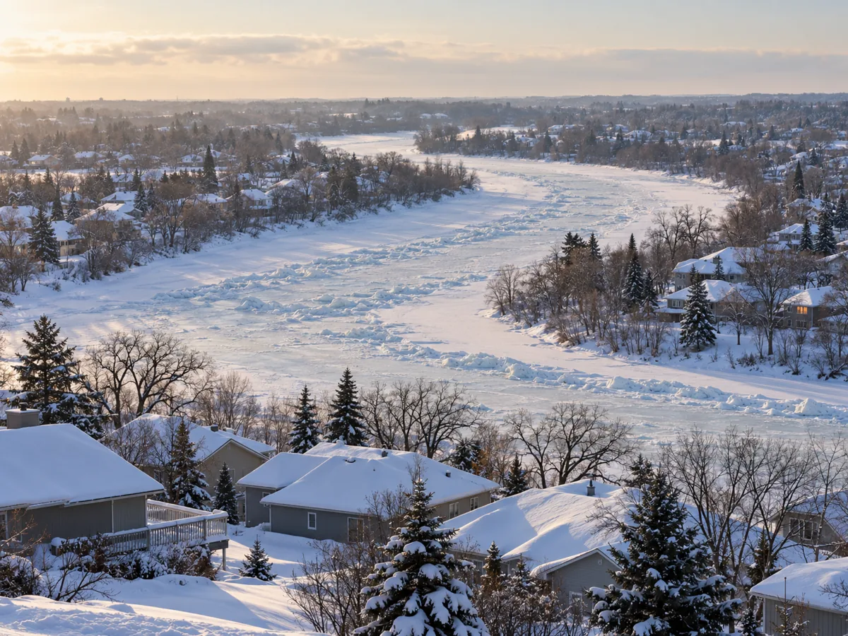 Snowy St. Cloud rooftops on both banks of the frozen Mississippi River, a city spanning three counties