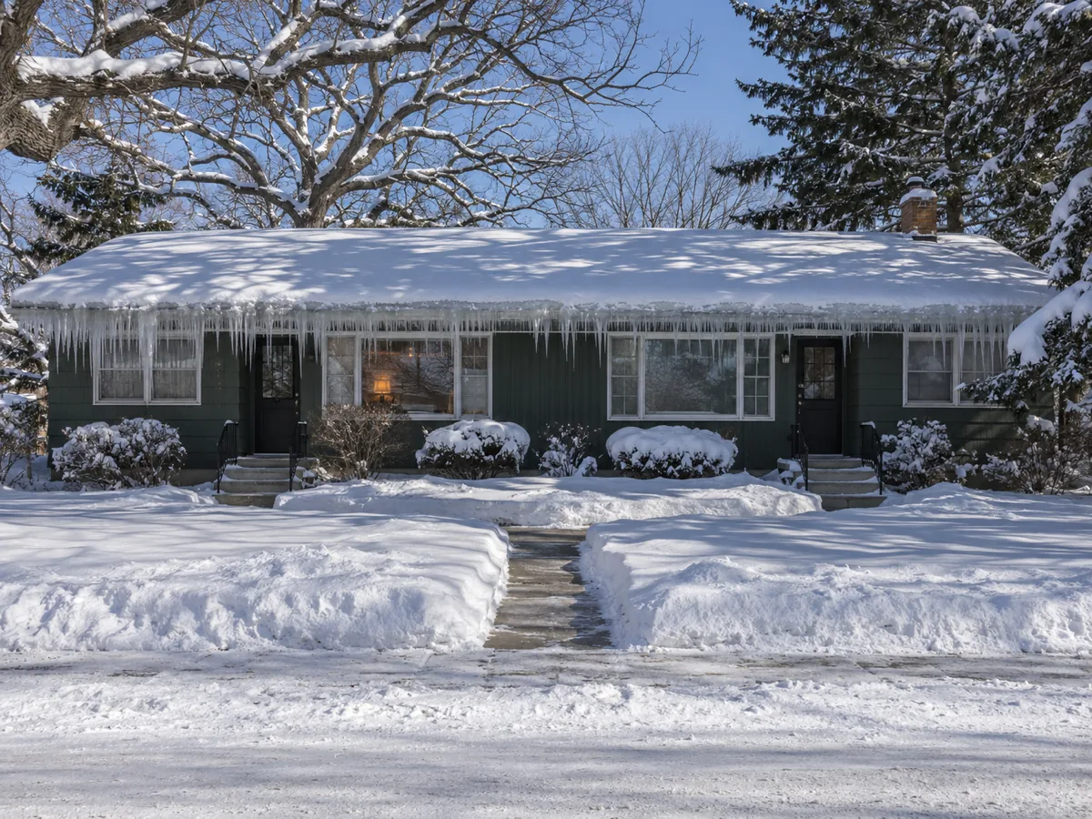 Ice dams along the shared roof of a St. Cloud side-by-side rental duplex