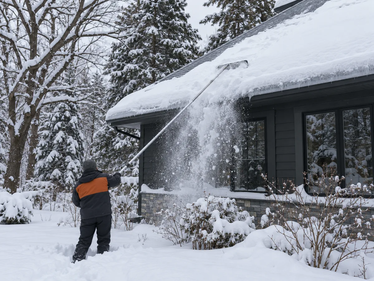 Homeowner pulling snow off the lower roof of a St. Cloud house with a roof rake from the ground