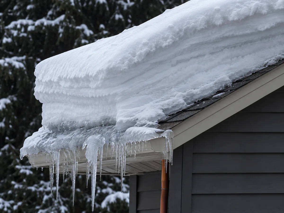 Cross-section of deep layered roof snow sitting above an ice dam at the eave of a St. Cloud home
