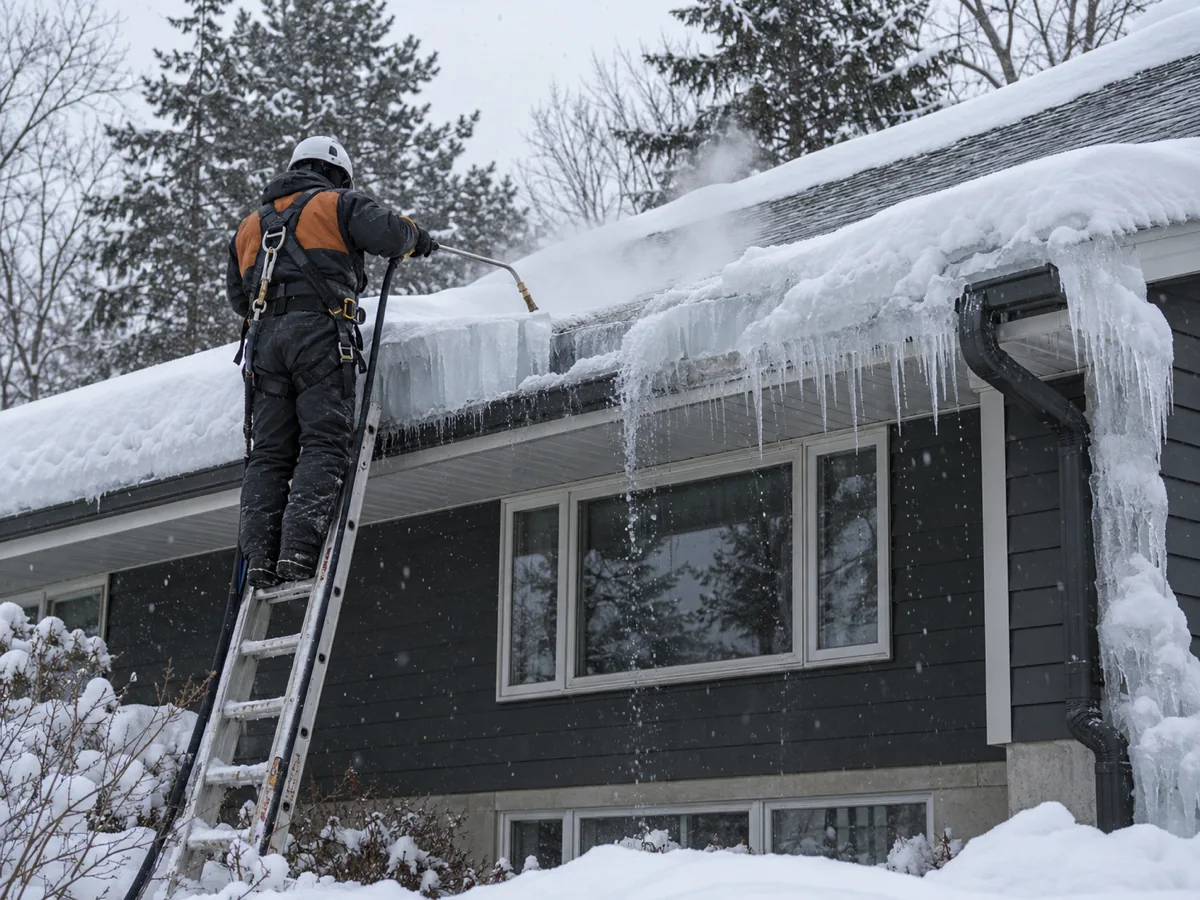 Technician steaming a thick ice dam in passes over the overhang and gutter of a St. Cloud home