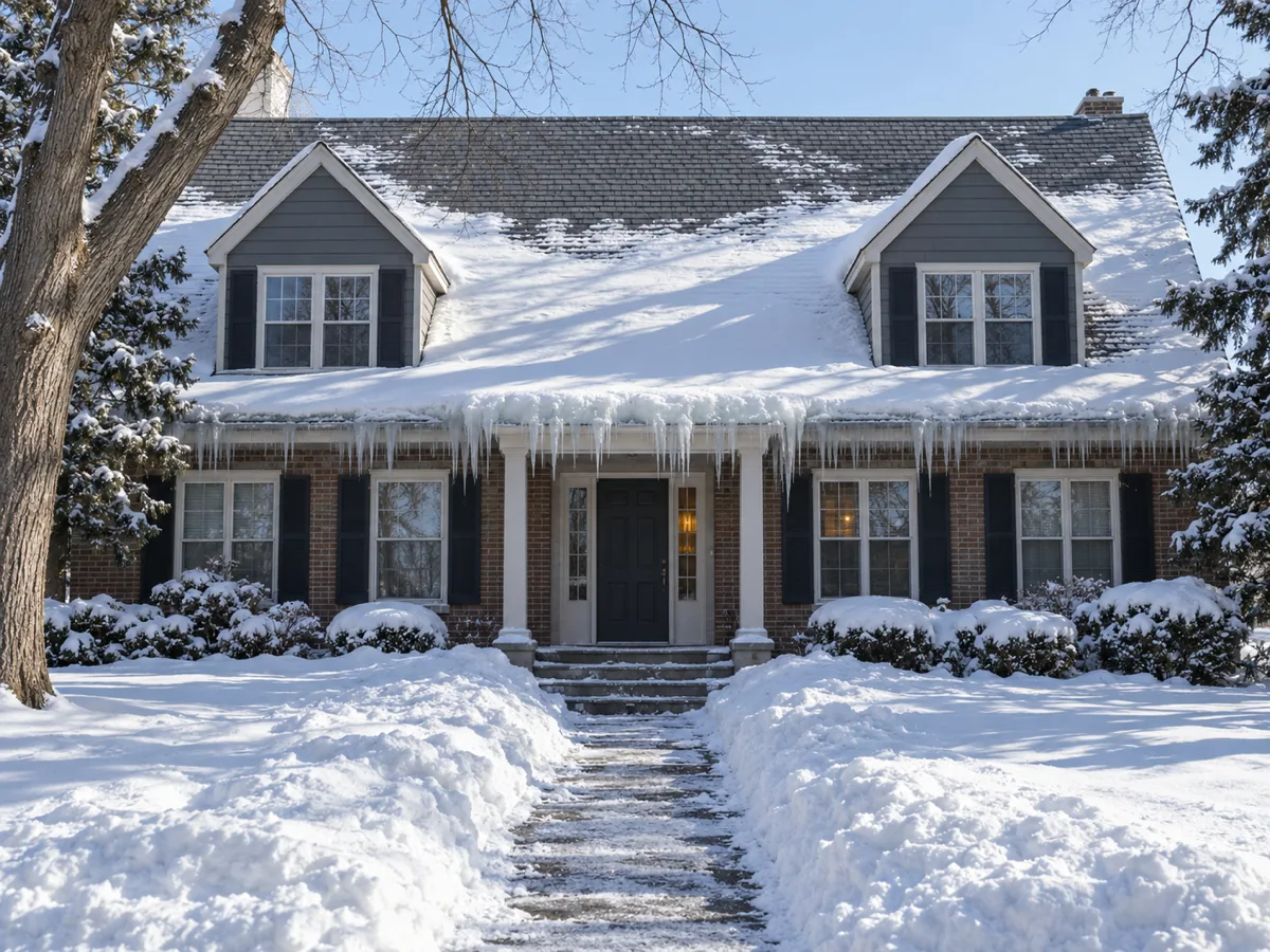 Icicles and ice along the pitched roof eave of a St. Louis Park apartment building over the shared entry