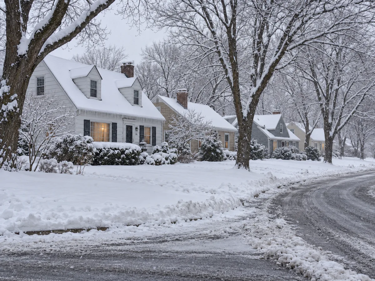 Snowy street of Cape Cods near the St. Louis Park and Minneapolis line, several eaves iced over