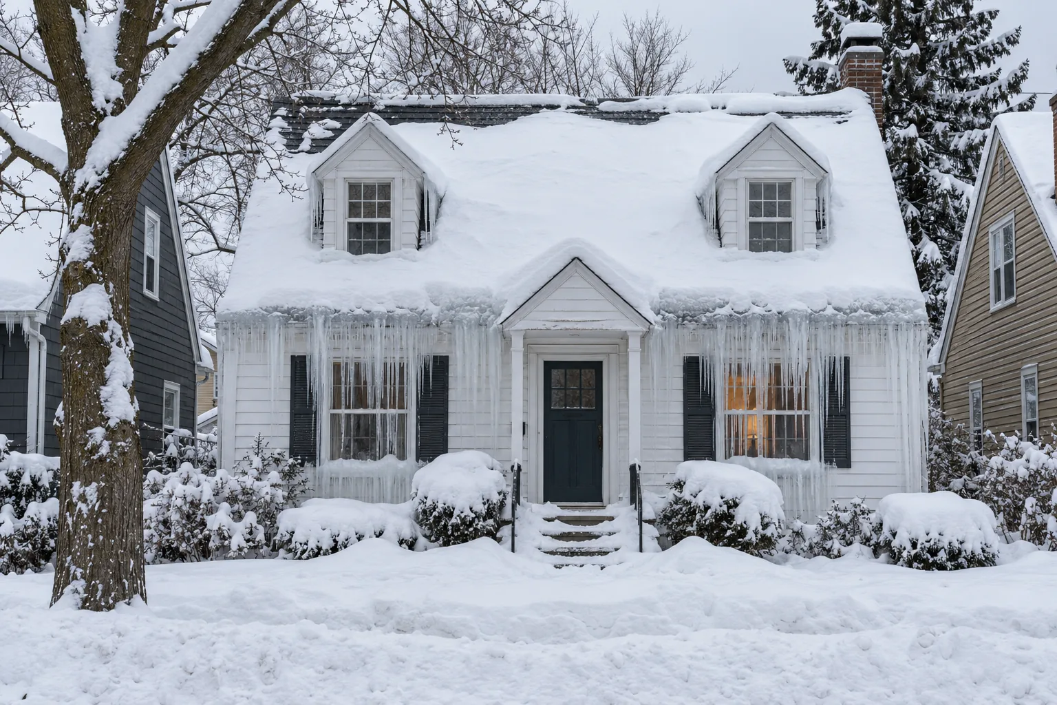 Post-war Cape Cod in St. Louis Park with twin dormers, deep roof snow and an ice dam along the front eave
