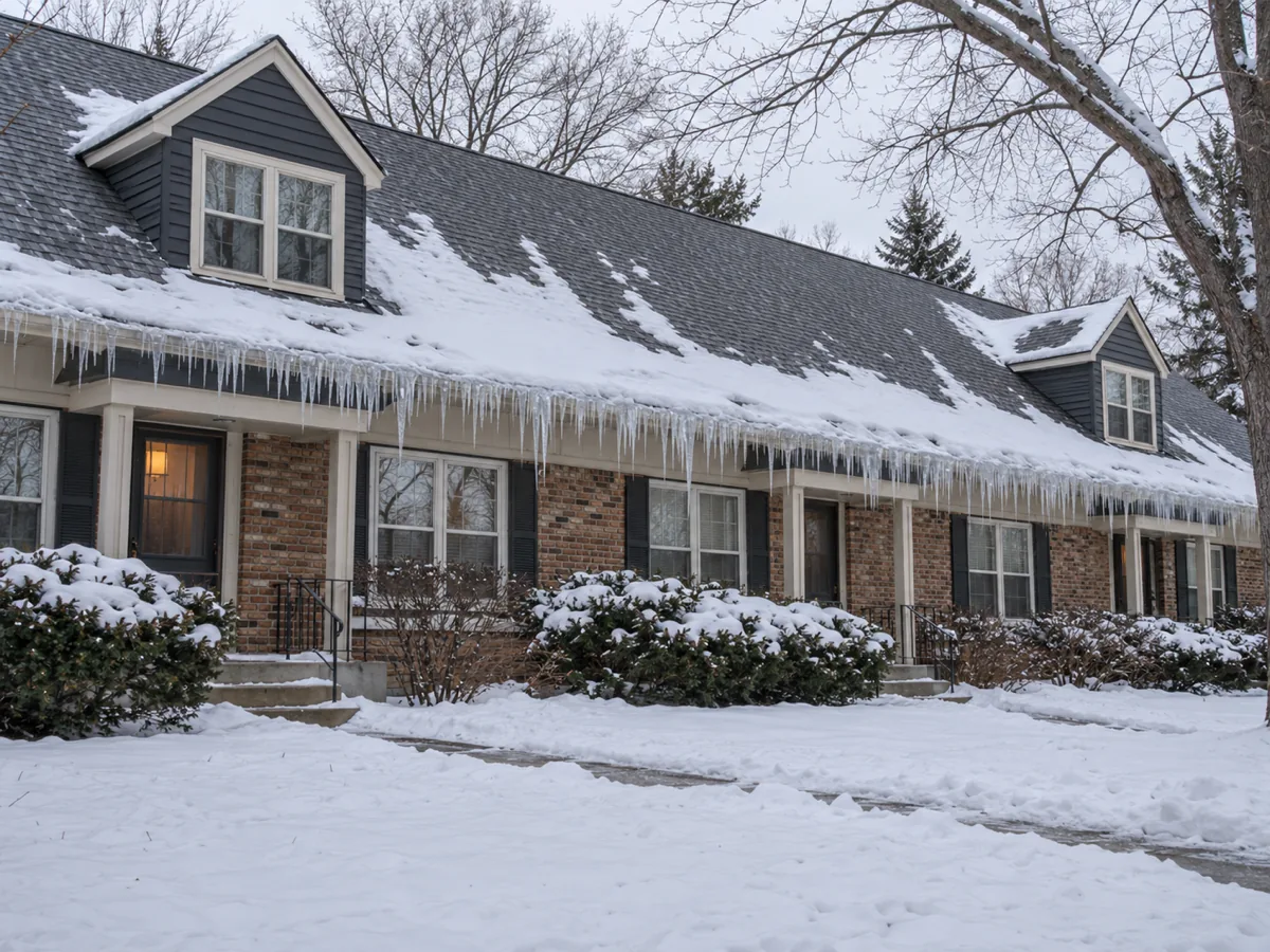 Long iced roofline of a St. Louis Park condo and townhome building over several units