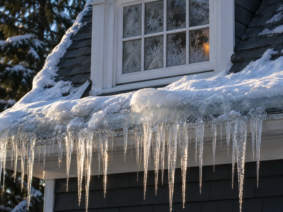 Long icicles and eave ice in front of a Cape Cod dormer window in St. Louis Park, MN