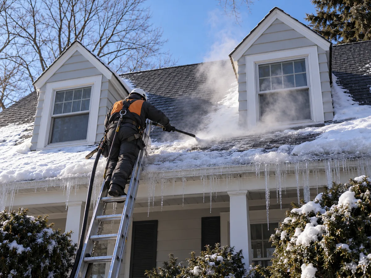 Technician steaming the front eave between the dormers of a St. Louis Park Cape Cod