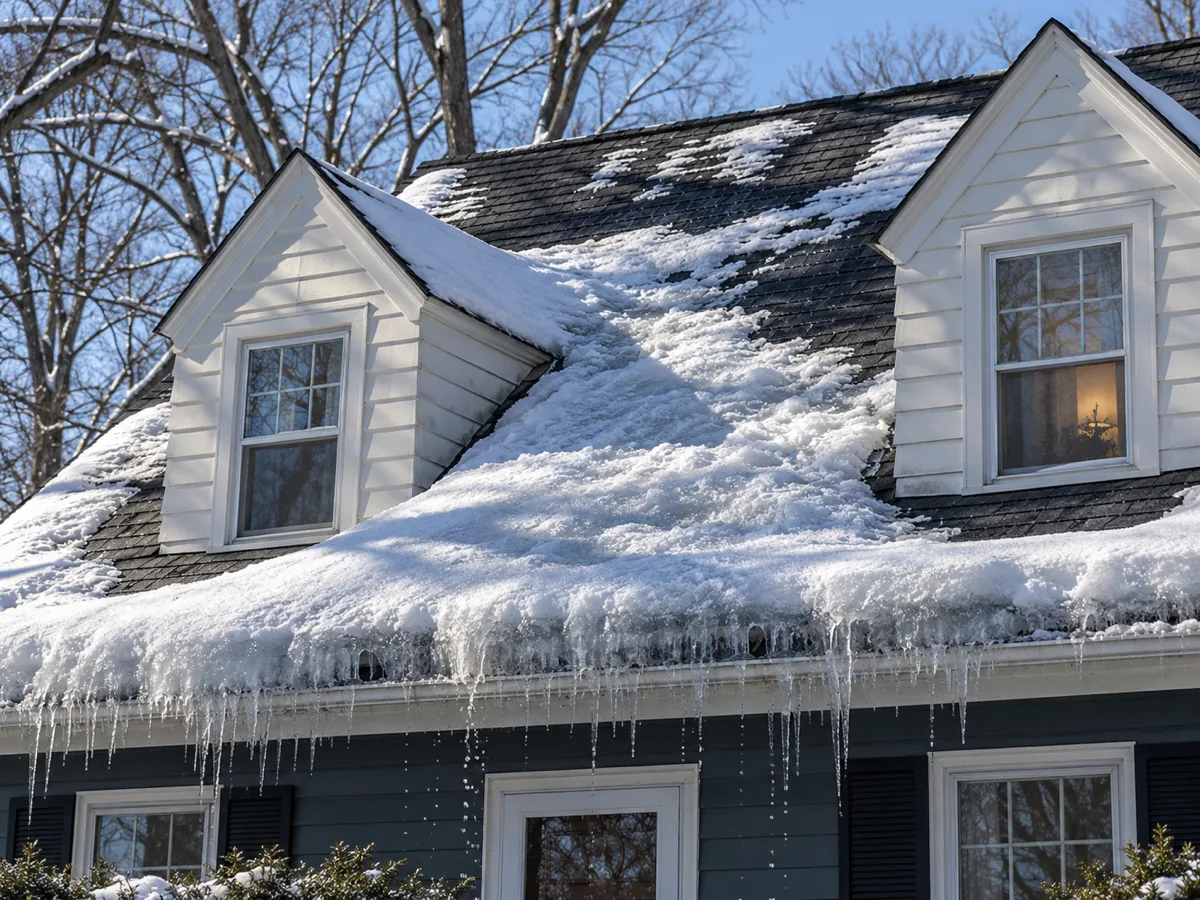 February thaw melting snow on the sunny roof of a St. Louis Park Cape Cod over an eave ice dam