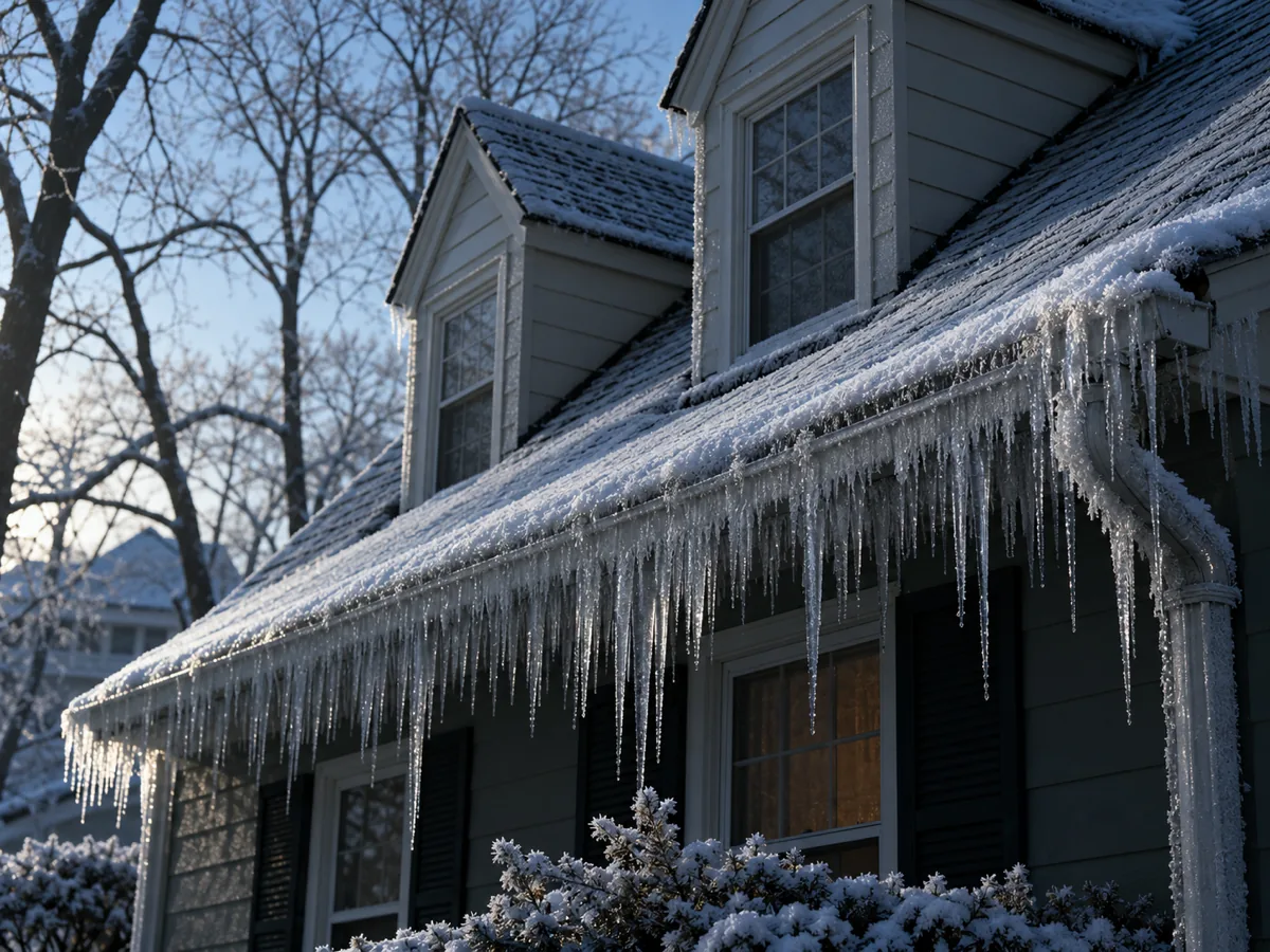 Dry, frost-coated ice dam on a St. Louis Park eave during a long stretch below freezing