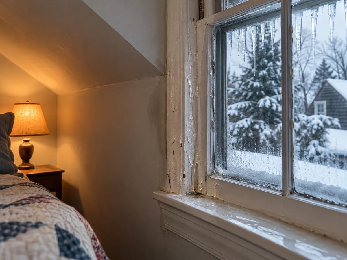 Meltwater from an ice dam running down the inside of a window frame in a St. Louis Park Cape Cod bedroom