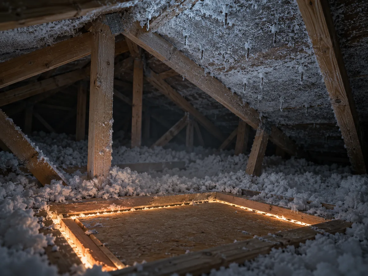 Warm light and air leaking around the attic hatch of a Woodbury home, frost on the roof nails above