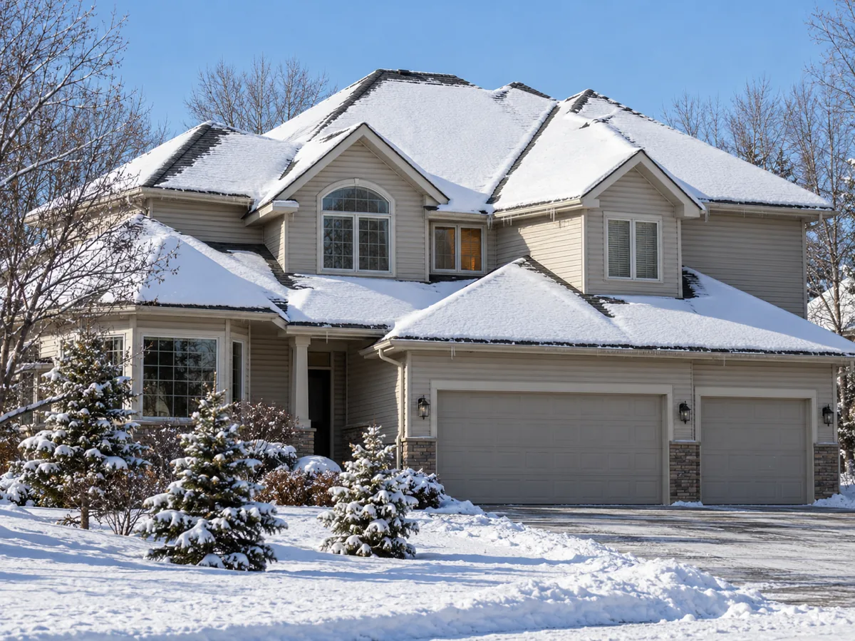 Fresh December snow starting to melt on the hip roof of a Woodbury home, first drips at the eave