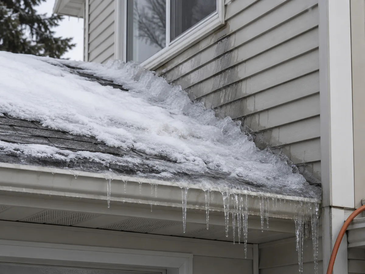 Ice dam formed where an attached garage roof meets the upper wall of a Woodbury house in winter