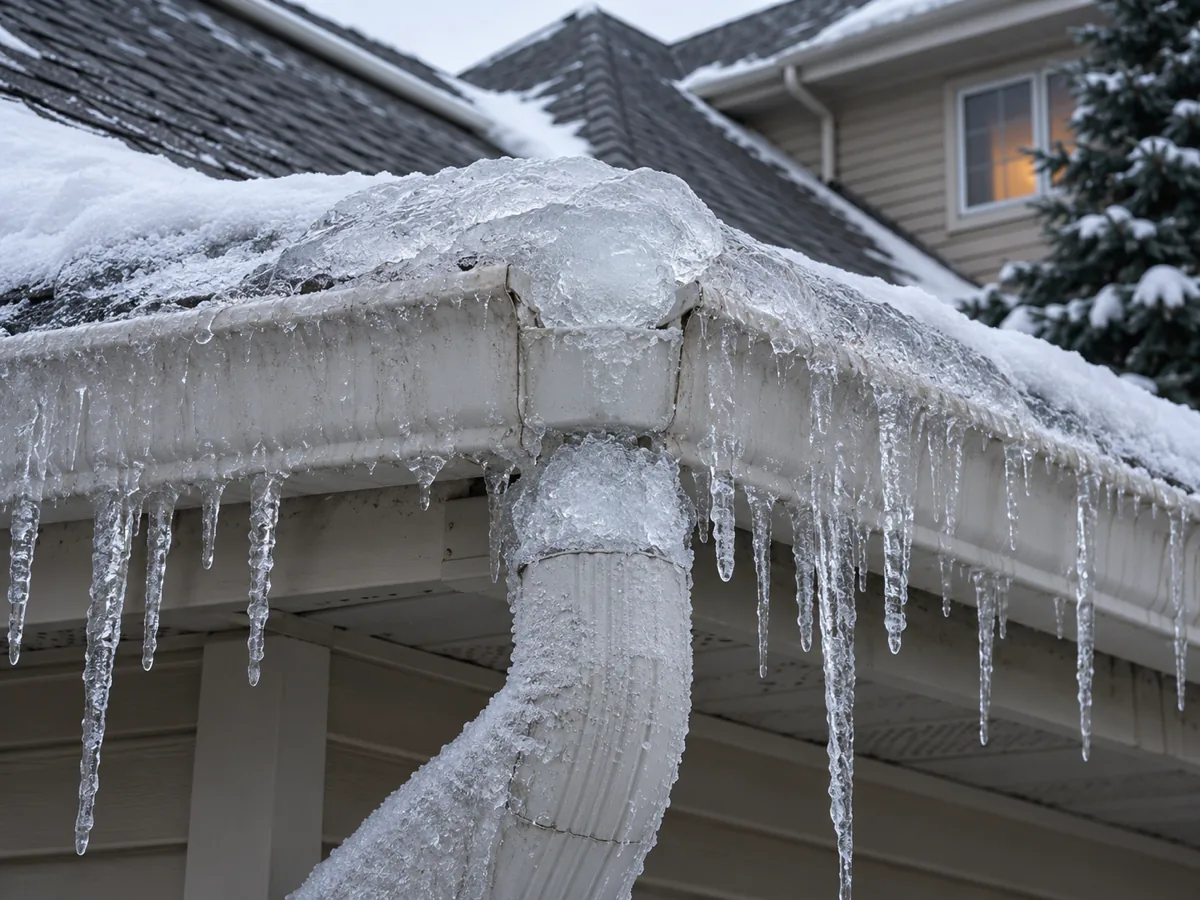 Gutter trough packed solid with ice and a frozen downspout outlet on a Woodbury home
