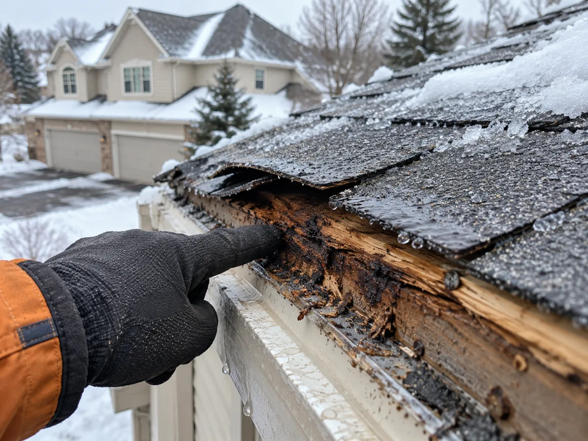 Rotted roof deck and lifted shingles at a Woodbury eave after an ice dam, damage needing a permitted repair