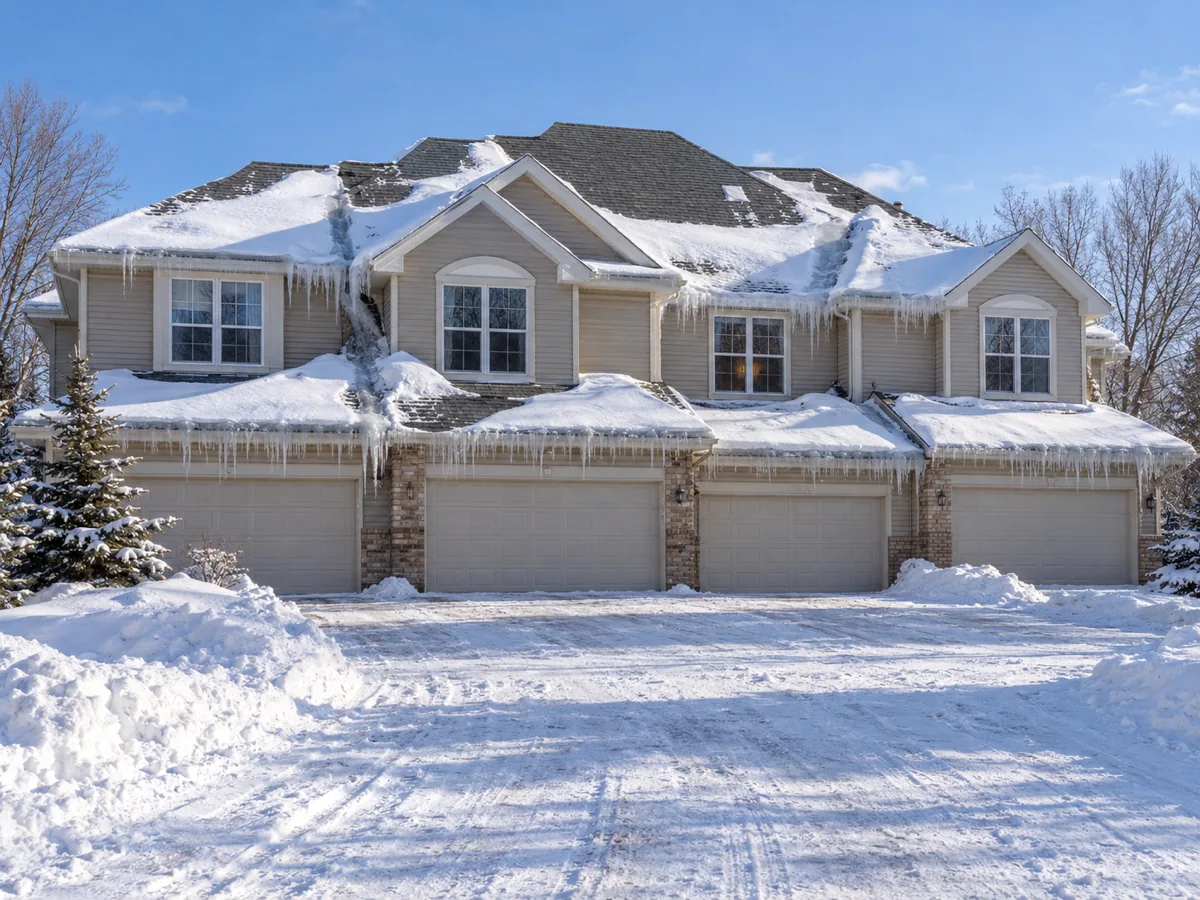 Woodbury townhome association building with ice dams along its shared roof and valleys