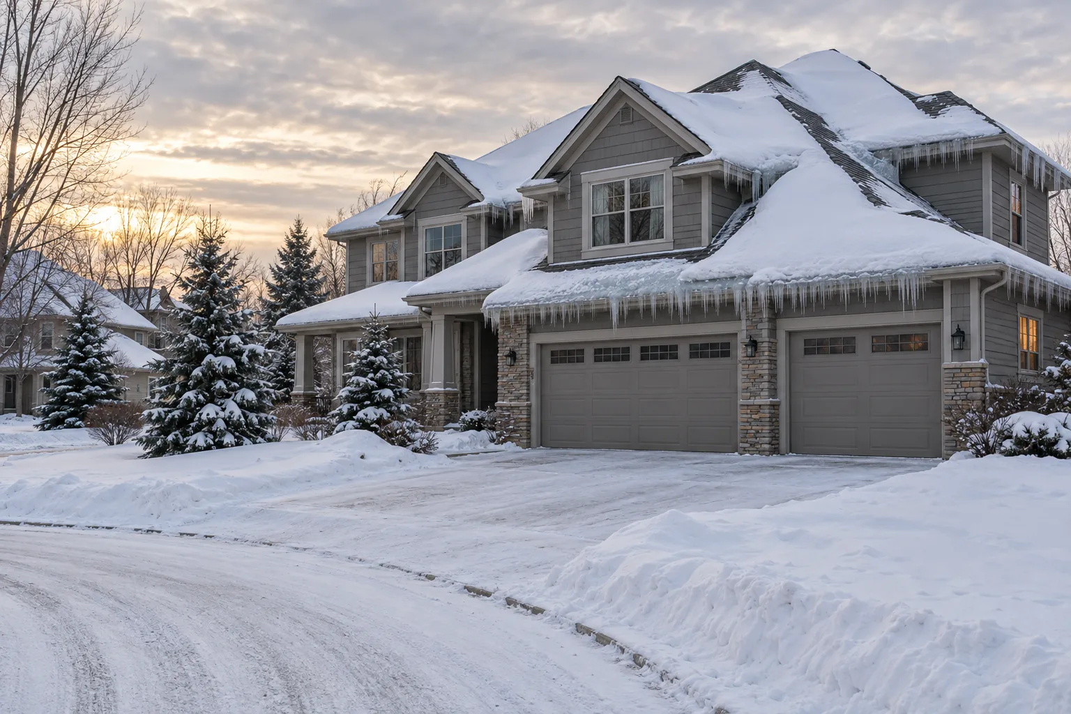 1990s two-storey Woodbury home with a complex hip roof and ice dams in its valleys and over the attached garage