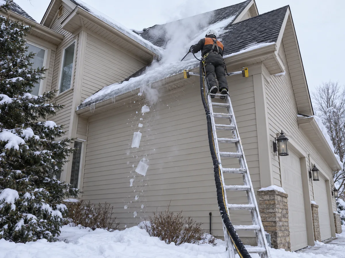 Technician on a tall ladder steaming the upper eave of a steep two-story Woodbury home