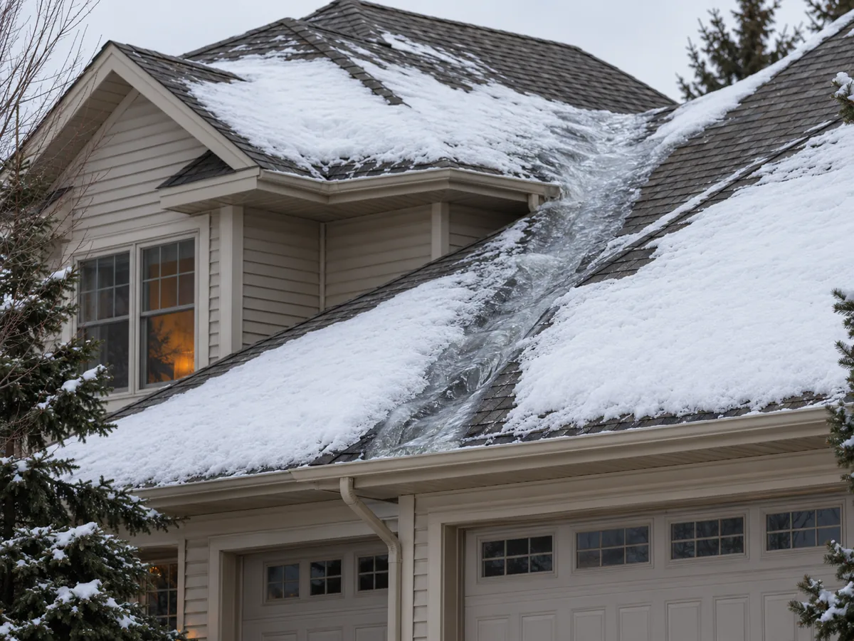 Ice running far up a roof valley on a Woodbury home, past where the ice barrier underlayment stops