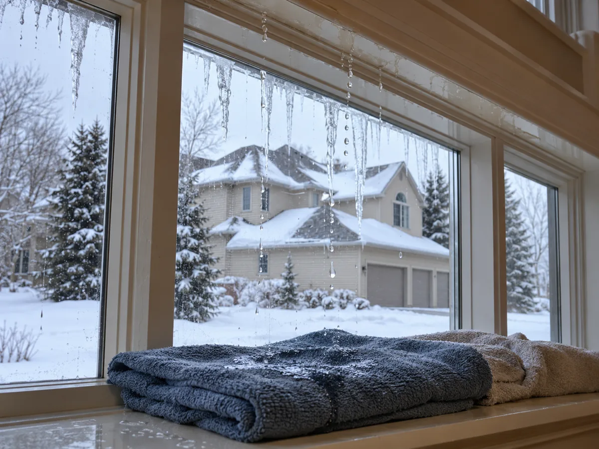 Water dripping through the top of a tall window in a Woodbury great room under an ice dam