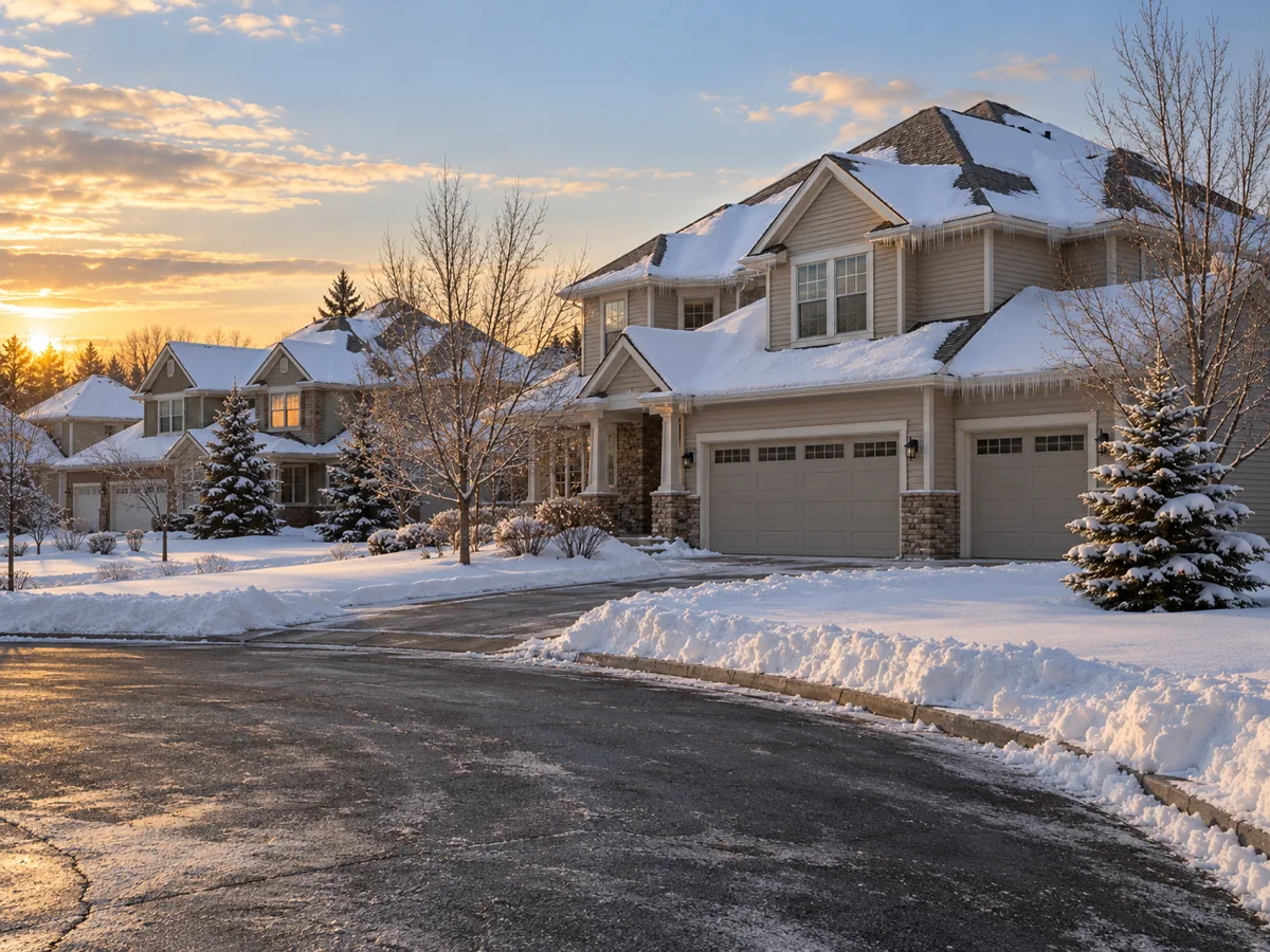 Cul-de-sac of newer Woodbury homes with complex snowy rooflines, a few showing ice at the eaves